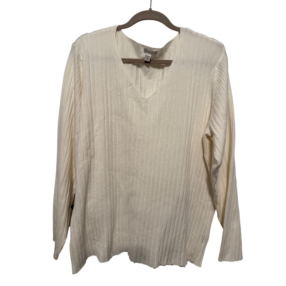 Cato Established Women's Cream Ribbed V Neck Sweater Top Plus Size 26/28 Knit
